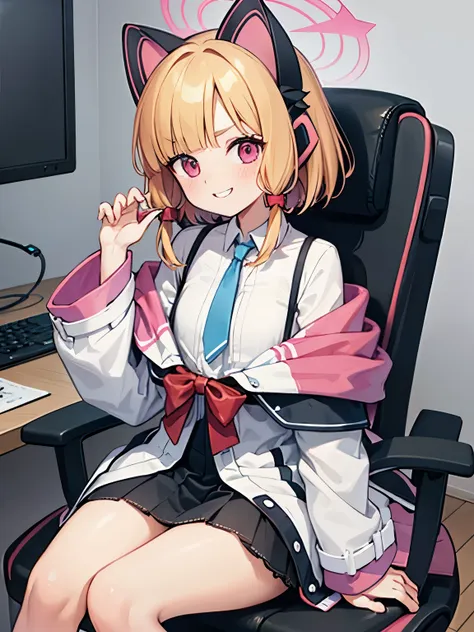 Masterpiece, hd ,2d, best quality, momoi (blue archive), brown hair, cat headphone, wear jacket, tail, Sitting, gaming chair, gaming PC, playing game on PC, indoor, personal room, smile