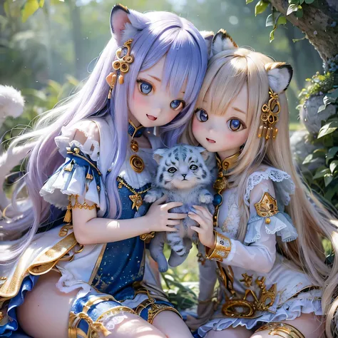 (best quality,4k,8k,highres,masterpiece:1.2),ultra-detailed,realistic,white tiger girls chibi,beautiful detailed eyes,longeyelashes,detailed lips,girls wearing colorful and cute outfits,playing in a magical garden filled with vibrant flowers and tall trees...