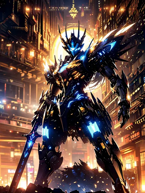 futuristic tech style,blue and white mech，all surrounded by particle dragons，with a spear，in a fighting stance，（《romance of the ...