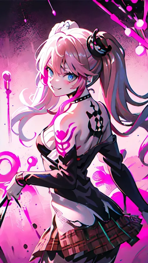 [nsfw:1.5], Junko Enoshima, long blonde, 1 small girl, twin tails, alone, blue spiral eyes, deep cleavage, clavicle, mega breasts, bangs, grinning, (looking back:1.5), (high angle:1.5), cowboy shot, bear hair ornament, nail polish, red nails, red bow, blac...