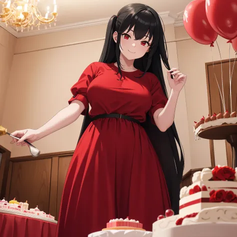 A woman in a well-decorated birthday room, wearing tight red shirt, red skirt, long black hair, red eyes, smiling, birthday hat, near the birthday sweet birthday cake table, birthday balloons decorating the place,HDR, ultra resolution, very detailed, maste...