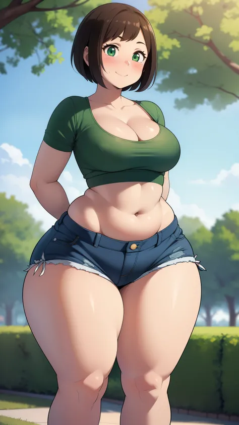 ((highres)), Masterpiece, high quality, best quality, beautiful, perfect lighting, detailed face, ultra cute face, ((1girl)), ((solo), short brown hair, green eyes, ((blush)), sweet smile, looking at viewer, arms behind back, standing in a park, (park), da...