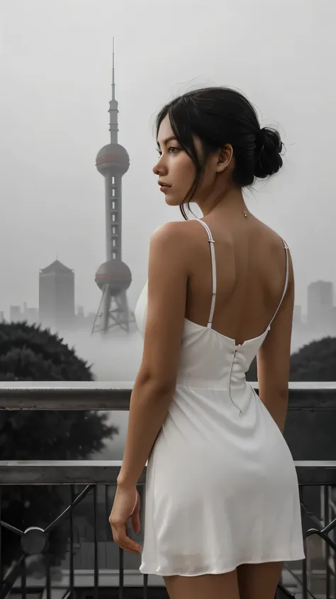 A girl standing by the riverbank, with her back facing the camera, wearing a white dress (white dress:2). Her black hair cascades down her back. The scene is set during early morning, with a white mist enveloping the sky and the famous Shanghai Bund as the...