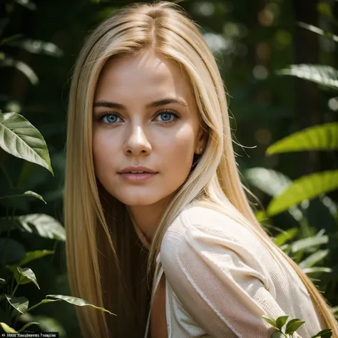 Hyperrealistic action scene., in which a beautiful 40-year-old blonde carefully studies the flora and fauna of Altai "Adds extremely precise details to plants., animales, And the girl&#39;s surprised expression.&#39;la cara, 8K, cinematic light, foto reali...