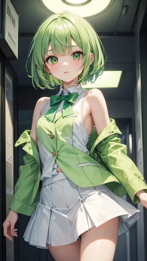 very cute girl、11 years old、Light green hair、short hair、(Bangs longer than shoulders)、white button shirt、Light green blazer、Light green mini skirt、