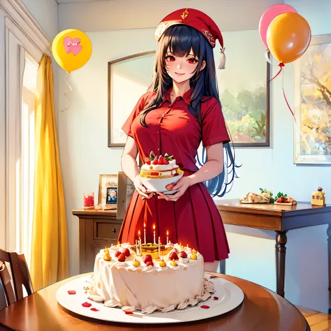 a woman in a well-decorated birthday room, wearing tight red shirt, red skirt, long black hair, red eyes, smiling, birthday hat,...