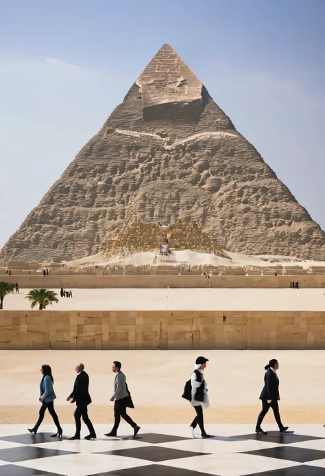 Un damier devant un pyramide avec des personnages 