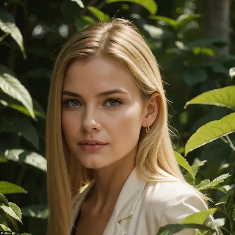 Hyperrealistic action scene., in which a beautiful 40-year-old blonde carefully studies the flora and fauna of Altai "Adds extremely precise details to plants., animales, And the girl's surprised expression.'la cara, 8K, cinematic light, foto reali...