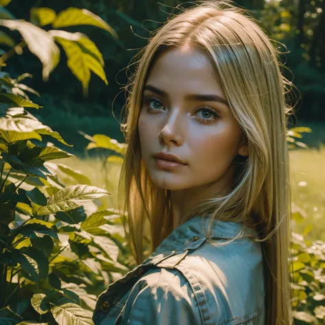 Hyperrealistic action scene., in which a beautiful 40-year-old blonde carefully studies the flora and fauna of Altai "Adds extremely precise details to plants., animales, And the girl&#39;s surprised expression.&#39;la cara, 8K, cinematic light, foto reali...