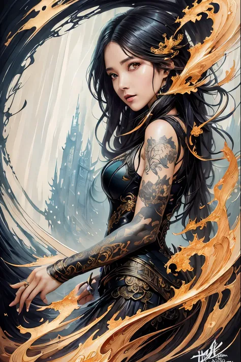 Colorful beautiful woman: Black ink flow: 8k resolution photorealistic masterpiece: by Aaron Horkey and Jeremy Mann: intricately detailed fluid gouache painting: by Jean Baptiste Mongue: calligraphy: acrylic: watercolor art, professional photography, natur...