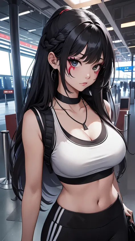 最high quality、best image quality、masterpiece、teenage girl((18-year-old、 By becoming、vest bust、medium bust,wide open breast tea、black eye, black hair、long hair、thin,highest valley、cute makeup、red sports bra、Black sports pants、white necklace、black face paint...