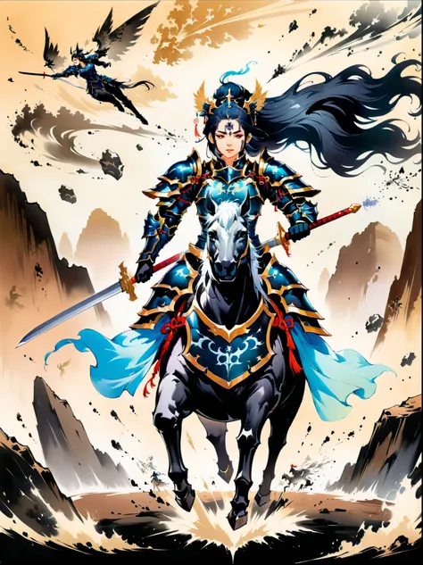 Ink painting，((imagine))，((whole body))，((Beautiful woman wearing dark blue Warring States armor)), (Anatomically correct and precise facial structure, detailed facial depiction, and delicate facial features)，on a black horse, 机械手臂握着长sword, A desert behind...