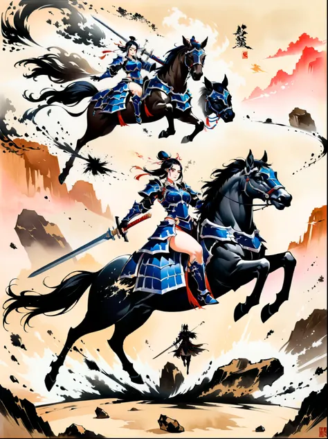 Ink painting，((imagine))，((whole body))，((Beautiful woman wearing dark blue Warring States armor)), (Anatomically correct and precise facial structure, detailed facial depiction, and delicate facial features)，on a black horse, 机械手臂握着长sword, A desert behind...