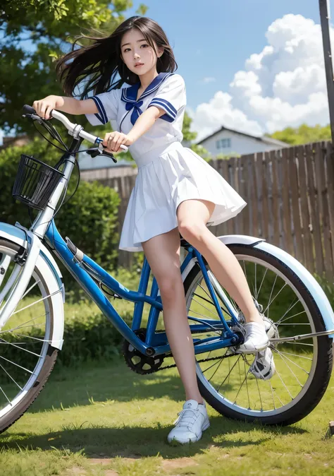 Countryside Asian Teenage Girl, bicycle、sailor suit、innocent face. Wind blows through my hair and clothes、Low - Angle、