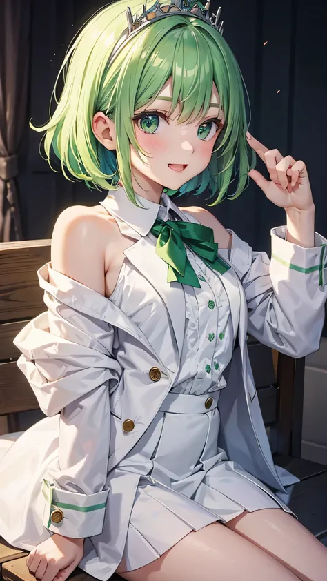 very cute girl、((11 years old))、Light green hair、short hair、(Bangs longer than shoulders)、(white button shirt、Light green blazer、Light green ilver tiara on head、smile、open your mouth、