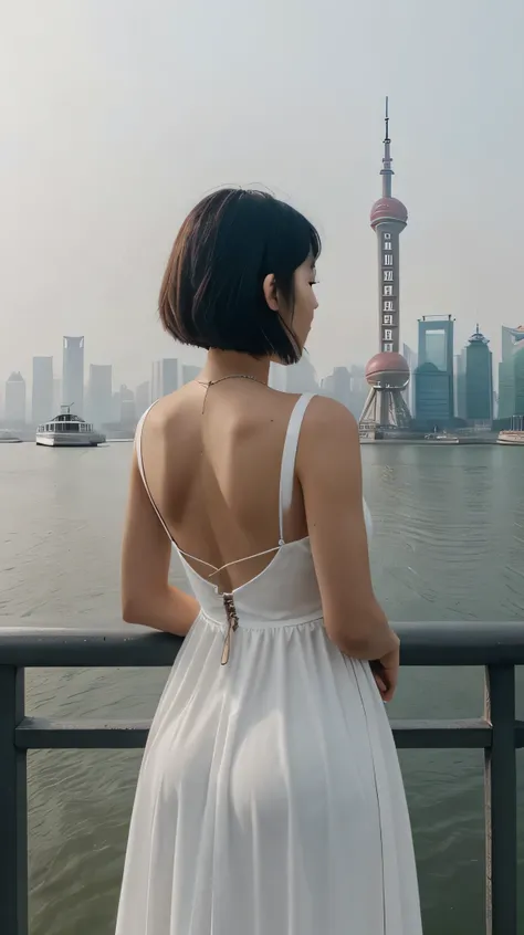 black and white photography，High-key photography，White fog，（Screen white：2），（Black screen：0.1），early morning，SkyWhite fog，Shanghai on the Bund，A woman in a long dress in white，back，Stand by the river，（（Long dress in white：2）),short black hair，back view，bac...