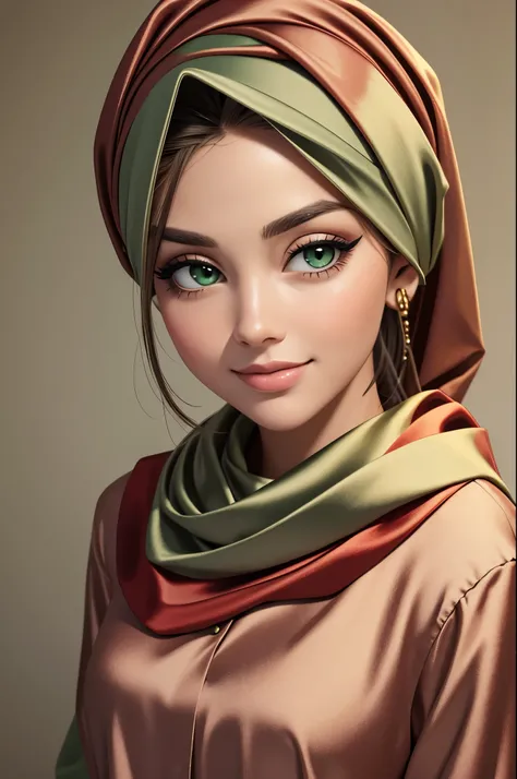 (Masterpiece, realistic, best quality, best lighting, 1 girl photo solo, beautifully makeup,green eyes, eyeshadow, Parted Lips, Detailed Eyes, beautiful big eyes, long eye lashes, smile, wearing ((Taupe red satin headscarf)), loosely tide hijab style, ((gr...