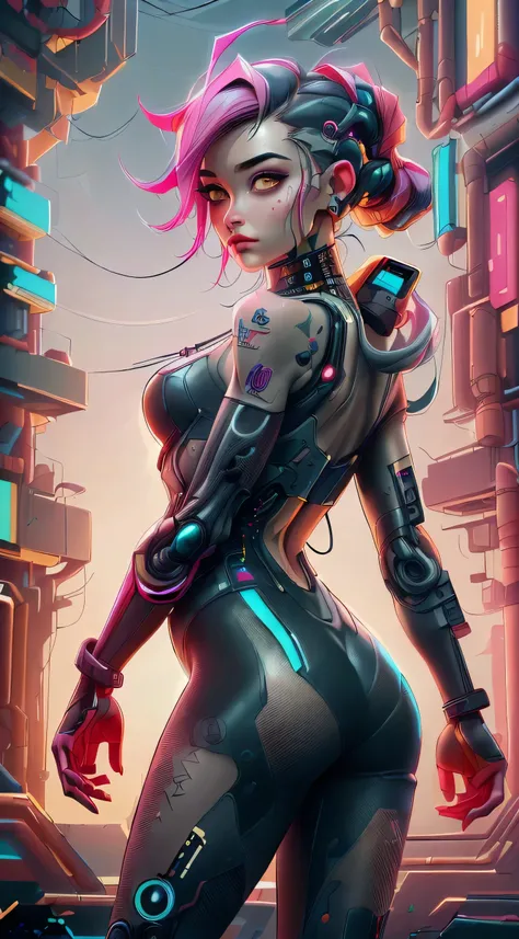 ((Long shot: 1.4, dynamic pose: 1.4)), (( 1 young woman alone:1.5)), (( beautiful, sensual and self-confident: 1.5)), (( brown eyes light and bright, cyberpunk hair:1.5)), ((ultra detailed:1.5)), sensual smile, beautiful full and shiny lips, with tattoo on...