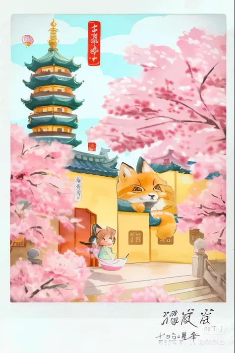 There is a Japanese landscape painting, Colorful Fox City, Hand drawn cartoon art style, Official fan art, Dream China Town, by Shitao, there is nothing, Chinese watercolor style, Japanese art style, Popular topics on cgstation, pagoda figures, author：Leng...