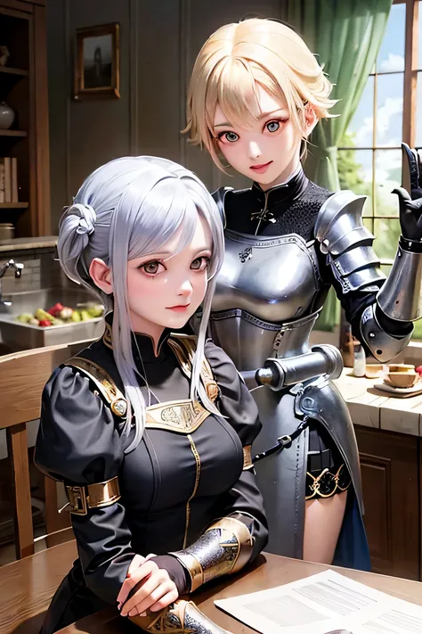 Ｋ、highest quality、female knight、The background is a castle、Luxurious Silver Armor、heavy equipment、hairstyle short cut、smile、beautiful teeth、full body photo、ear piercing、white woman、blonde、blue eyes、Gummy Smile、