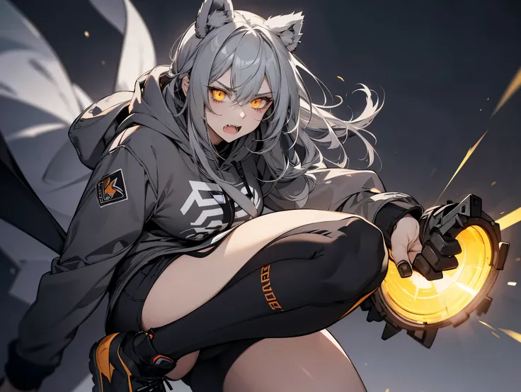 1 female, teacher, wearing grey hoodie, bootyshorts, Thicc, grey hair, long hair, grey bear ears, yellow glowing eyes, face to detail, detailed eyes, the background is a dark vent, showing her fangs, angry