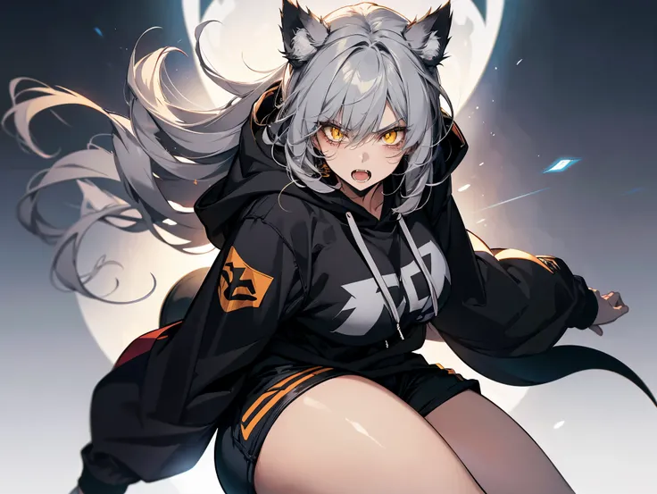 1 female, teacher, wearing grey hoodie, bootyshorts, Thicc, grey hair, long hair, grey bear ears, yellow glowing eyes, face to detail, detailed eyes, the background is a dark vent, showing her fangs, angry