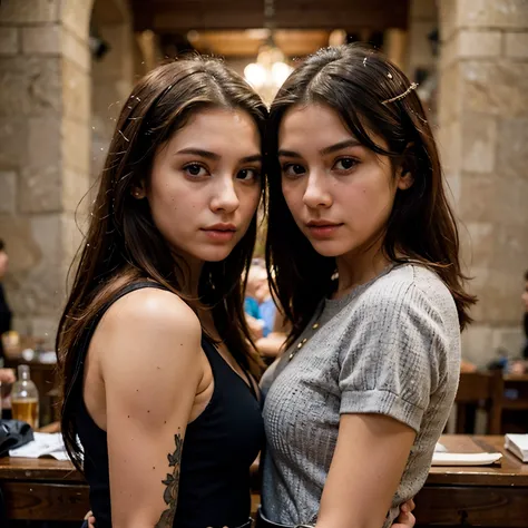 Image of two 19 year old girls, exactamente identicas, solo que una es hija de una campesina, y la otra es hija de los reyes, que vivia en el castillo, las dos tienen los ojos cafes oscuros, el cabello negro, small eyes, a small mouth and small nose, las d...