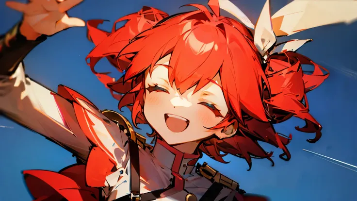 Red-haired girl,　laughing as she reaches up and raises her hand above her