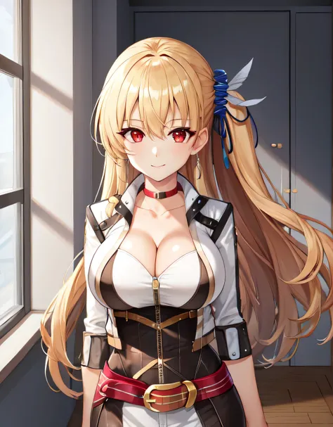 alisa reinford,side ponytail,sen3alisa,scrunchie,choker,white jacket,white dress,red belt,indoor room,light smile,(large breasts:1.5),shiny,hair,((solo)),((masterpiece)),((best quality)),perfect anatomy,slim waist,perfect image,8k UHD,(beautiful detailed e...