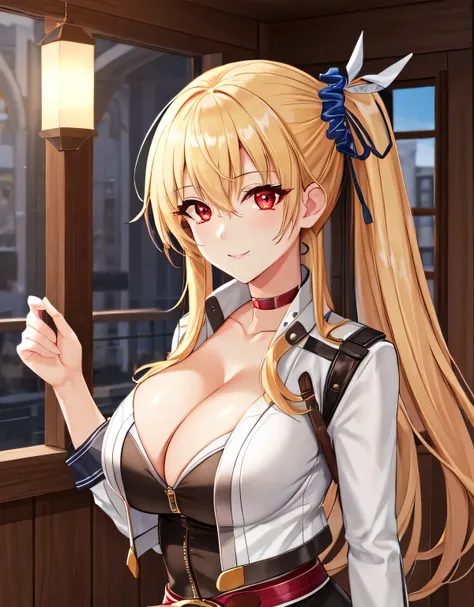 alisa reinford,side ponytail,sen3alisa,scrunchie,choker,white jacket,white dress,red belt,indoor room,light smile,(large breasts:1.5),shiny,hair,((solo)),((masterpiece)),((best quality)),perfect anatomy,slim waist,perfect image,8k UHD,(beautiful detailed e...