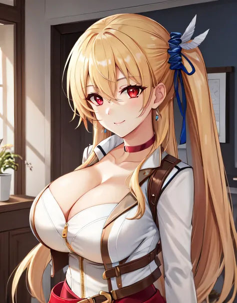 alisa reinford,side ponytail,sen3alisa,scrunchie,choker,white jacket,white dress,red belt,indoor room,light smile,(large breasts:1.5),shiny,hair,((solo)),((masterpiece)),((best quality)),perfect anatomy,slim waist,perfect image,8k UHD,(beautiful detailed e...