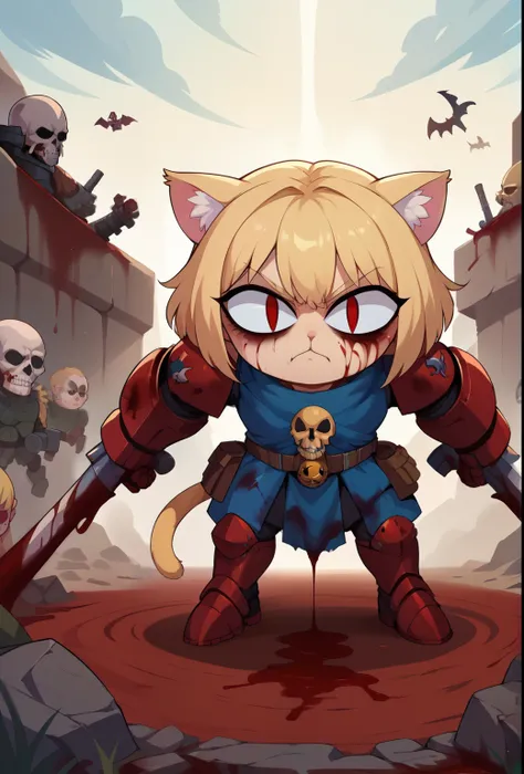 score_9, score_8_up, score_7_up, score_6_up,score_5_up,score_4_up, BREAK, necoarcslit pupils, chibi, cat ears, blonde hair, red eyes, rage, khornate berzerker covered in blood, blood on face, blood on armor, battlefield, pile of skulls, full shot, warhamme...