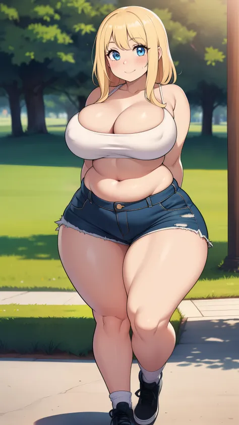 ((highres)), Masterpiece, high quality, best quality, beautiful, perfect lighting, detailed face, ultra cute face, ((1girl)), ((solo), long fluffy blonde hair, blue eyes, ((blush)), seductive smile, looking at viewer, arms behind back, standing in a park, ...