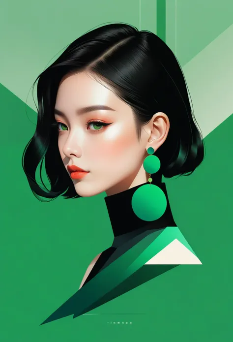 (((vector，flat form style，illustration，数字艺术illustration)))，1 girl，Unique，pretty face，earrings，portrait，Shoulder，Black high neck，Geometric gradients，gradient lines，artistic conception，Abstract，Minimalism，minimalist lines，portrait，green