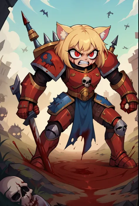 score_9, score_8_up, score_7_up, score_6_up,score_5_up,score_4_up, BREAK, necoarcslit pupils, chibi, cat ears, blonde hair, red eyes, (rage 1.2), khornate berzerker covered in blood, blood on face, blood on armor, battlefield, pile of skulls, full shot, wa...
