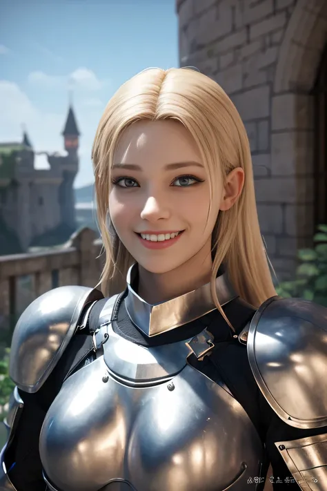 young blonde, Very beautiful girl with long hair, (black:1. 3) 、female knight、Silver armor, elegant pose, very detailed, Super realistic, concept art, very detailed, realistic, octane rendering, unreal engine, Depth of the bounds written, smile、beautiful t...