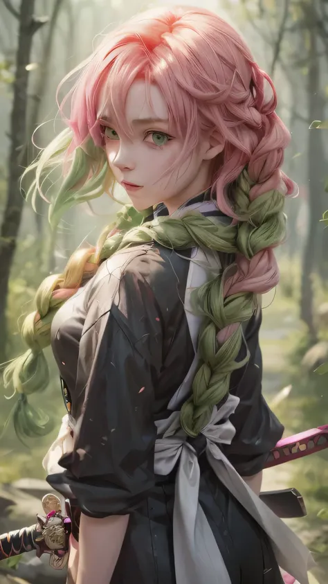 anime girl with pink hair and green eyes holding a sword, guweiz on pixiv artstation, guweiz on artstation pixiv, guweiz, artwork in the style of guweiz, demon slayer rui fanart, beautiful anime portrait, trending on artstation pixiv, detailed digital anim...