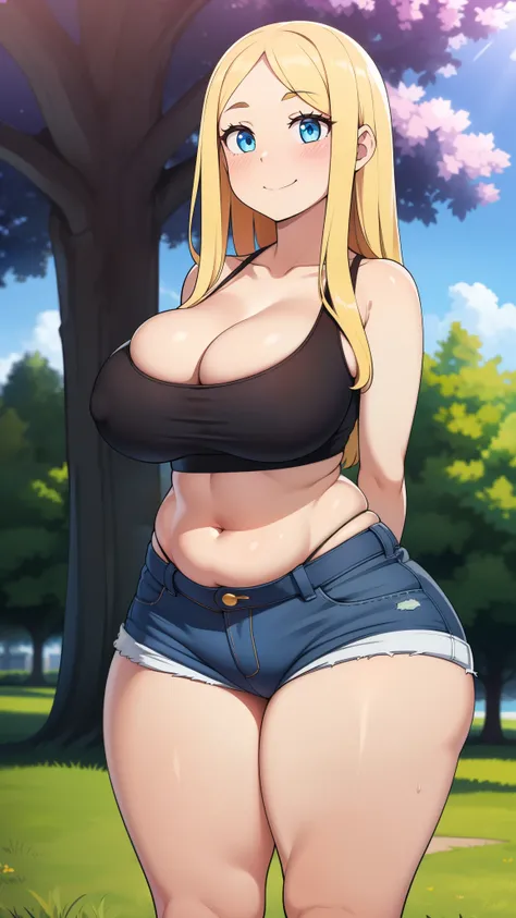 ((highres)), Masterpiece, high quality, best quality, beautiful, perfect lighting, detailed face, ultra cute face, ((1girl)), ((solo), long fluffy blonde hair, blue eyes, ((blush)), seductive smile, looking at viewer, arms behind back, standing in a park, ...