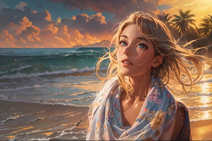 (best quality,4k,8k,highres,masterpiece:1.2),ultra-detailed,(realistic,photorealistic,photo-realistic:1.37),a girl with sunscreen on her face, sparkling sea, sunset,drawn with oil paints, surrealistic style, vibrant colors,soft lighting, beach scene, palm ...