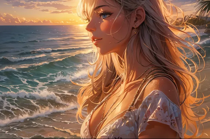 (best quality,4k,8k,highres,masterpiece:1.2),ultra-detailed,(realistic,photorealistic,photo-realistic:1.37),a girl with sunscreen on her face, sparkling sea, sunset,drawn with oil paints, surrealistic style, vibrant colors,soft lighting, beach scene, palm ...