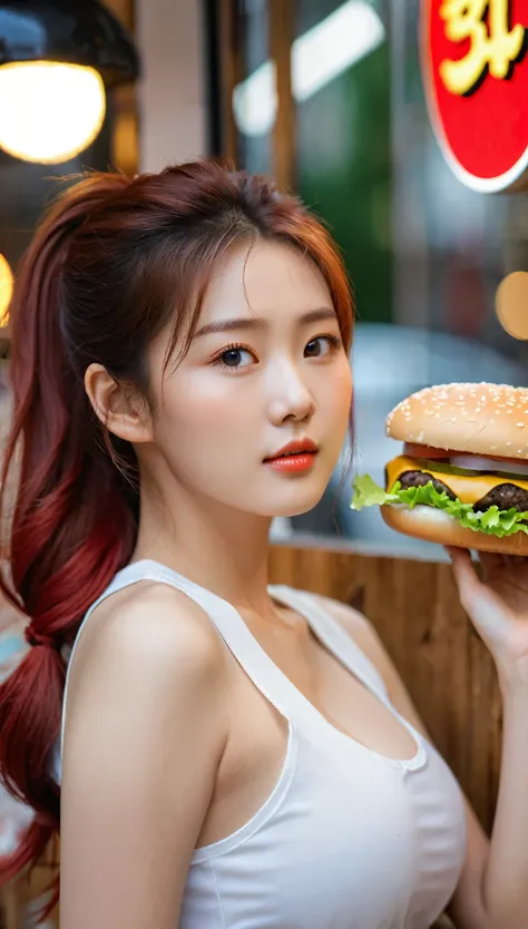 close-up, of beautiful korean female, 34 inch breasts size, red ponytail , wearing sleeveless shirt, holding big burger, sitting  at the corner of the shop, Bokeh background