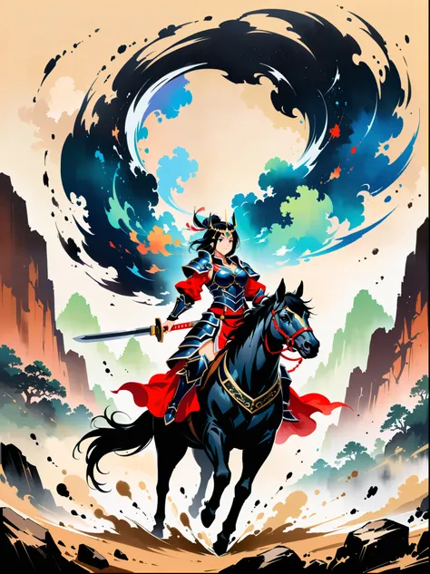 Ink painting,((imagine)),((whole body)),Beautiful woman wearing dark blue Warring States armor, on a black horse, 机械手臂握着长sword, A desert behind you,sword,Flying sand and rocks, Ink martial arts style, (anatomically correct),Ultra HD resolution,Freehand st...