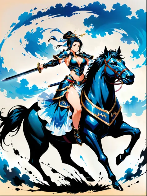 Ink painting，((imagine))，((whole body))，Beautiful woman wearing dark blue Warring States armor, on a black horse, Mechanical arm holds sword, blue background, Ink martial arts style,  (anatomically correct)，Ultra HD resolution，Freehand style，majestic，Natur...