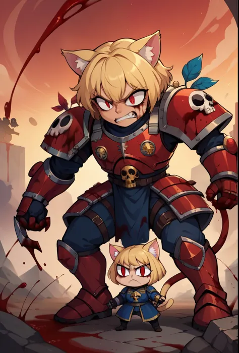 score_9, score_8_up, score_7_up, score_6_up,score_5_up,score_4_up, BREAK, (necoarc slit pupils), chibi, cat ears, tail, blonde hair, red eyes, (rage 1.5), khornate berzerker covered in blood, blood on face, blood on armor, under a blood-red sky tinged with...