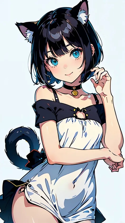 (highest quality, masterpiece, High resolution)、(anime art)、,cinematic light、soft light、girl、black hair、(Spotted cat costume)、(Loose knit mini dress)、Cat ear、bob cut、hair ornaments、choker、enchanting smile、small breasts、(cat pose)、Cat jarashi、((white backgr...