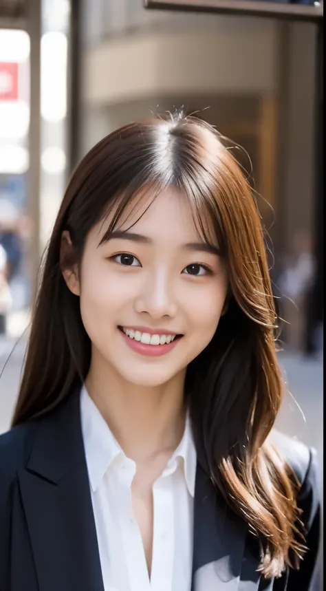 top-quality、masterpiece、solo、a beautiful Japanese 、sixteen years old、Happy smiling face、((looking at the viewers))、Blushing、cowboy shot,((black suits, white shirts)), on street with office