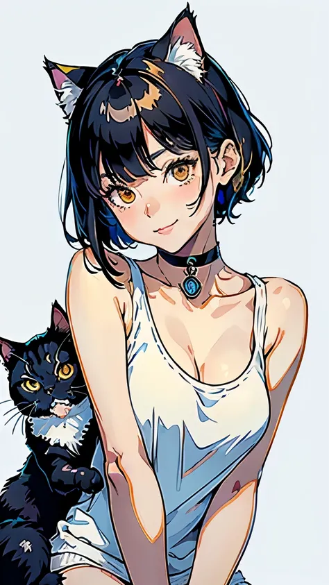 (highest quality, masterpiece, High resolution)、(anime art)、,cinematic light、soft light、girl、black hair、(Persian Cat Costume)、(Loose knit tank top)、Cat ear、bob cut、hair ornaments、choker、enchanting smile、small breasts、(cat pose)、Cat jarashi、((white backgrou...