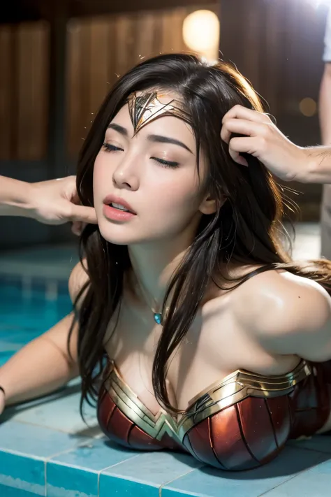 perfect wonder woman costume,crawl on all fours,inside the pool,inside the fountain,sleeping face,close ~ eyes,open your mouth,t...