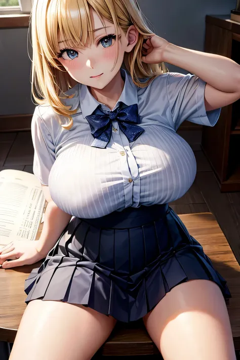 Kitagawa marin,pleated skirt,short skirt,high school,study hard in the classroom,blonde hair,(large breast:1.8),japanase,spread leg,show panties unintentionally,raise up legs,sweat,(best quality)), ((masterpiece)), (detailed), perfect face