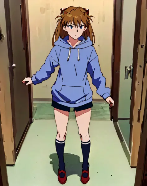 masterpiece, best quality, souryuu asuka langley, girl, medium breasts, dark blue hoodie, oversized hoodie, red high socks, full body view